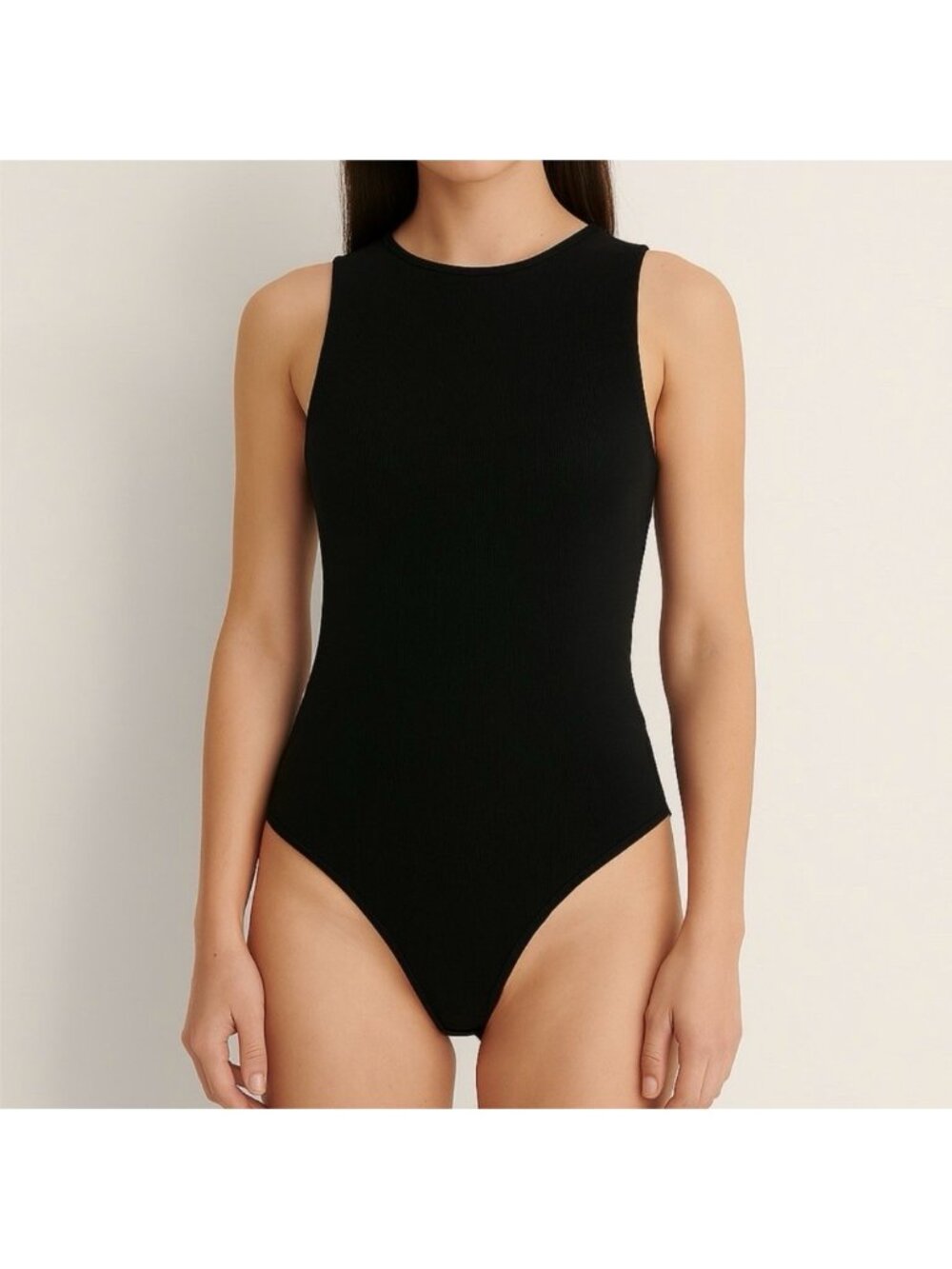 House of Harlow 1960 Womens L Black Ribbed Sleeveless Bodysuit Stretch Snap